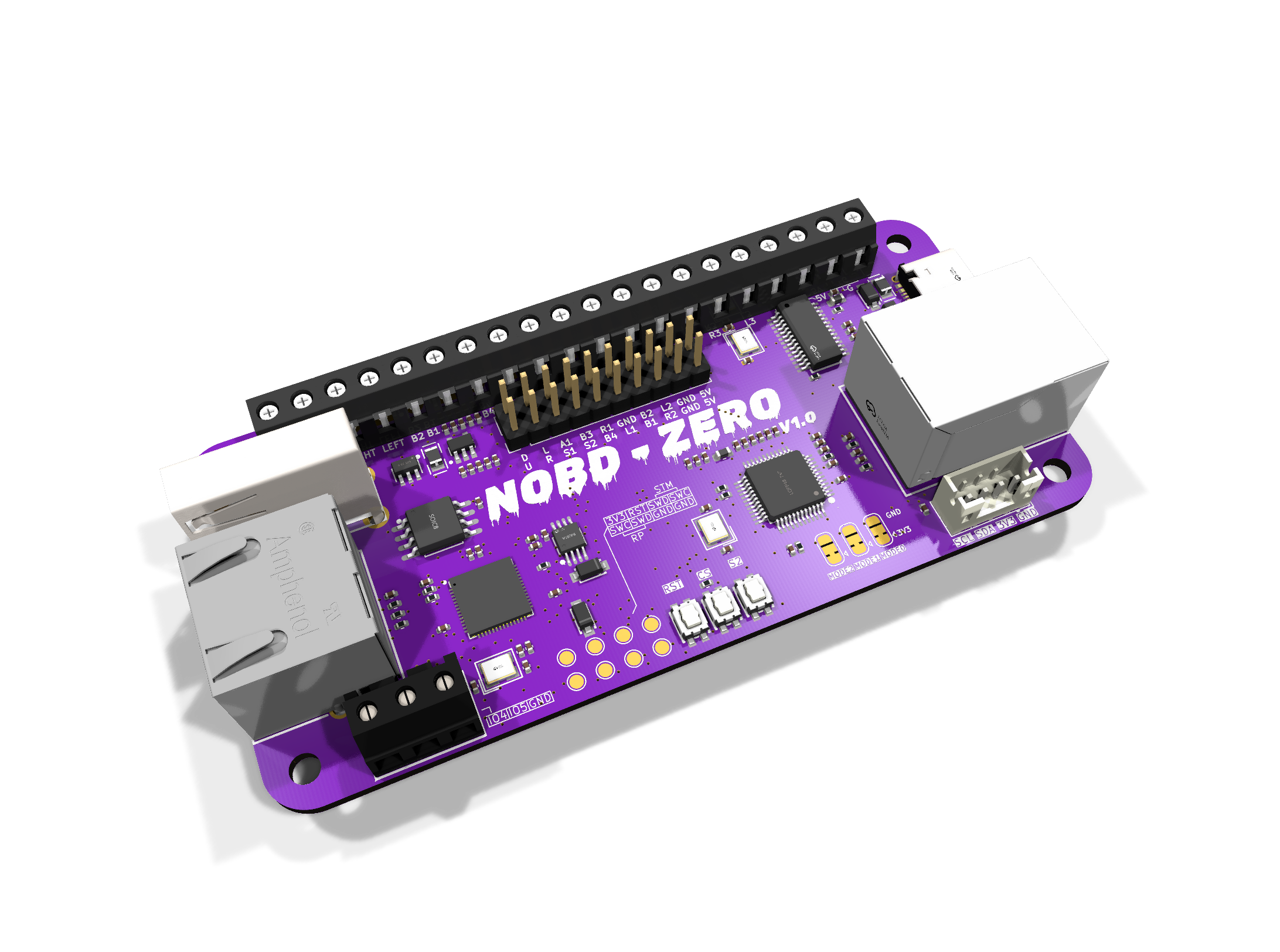 Isometric render of the NOBD-ZERO PCB