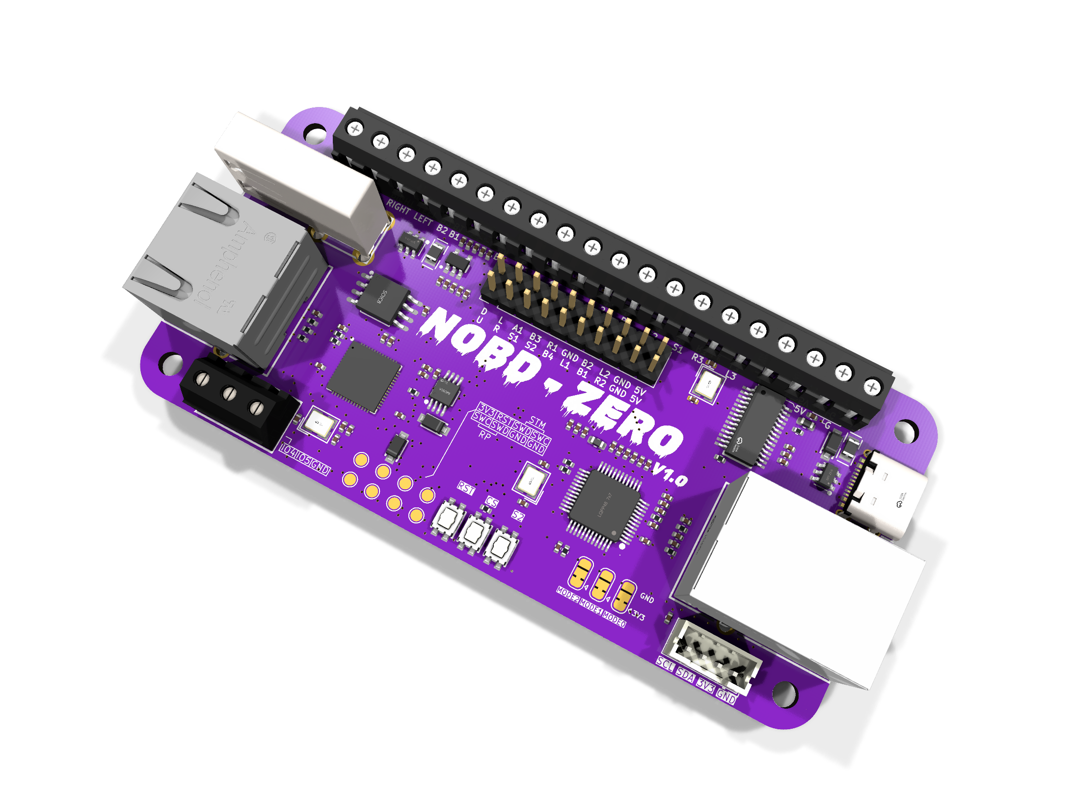 Low-angle render of the NOBD-ZERO PCB
