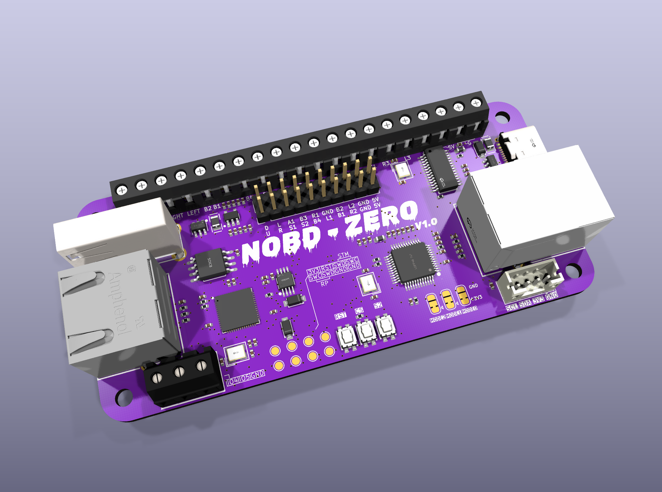 Studio render of the NOBD-ZERO fightstick controller PCB