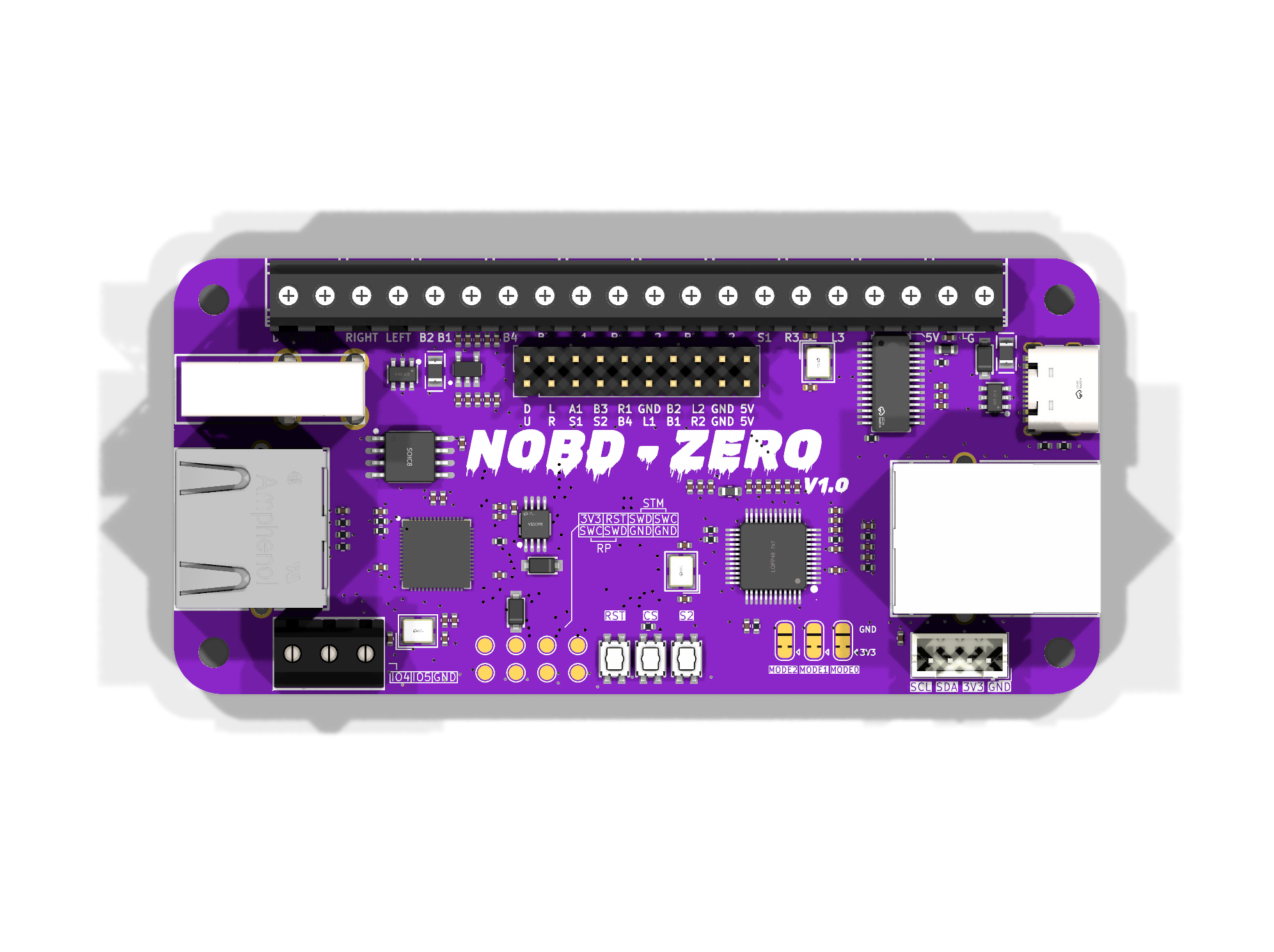 Top-down render of the NOBD-ZERO PCB showing all silkscreen labels